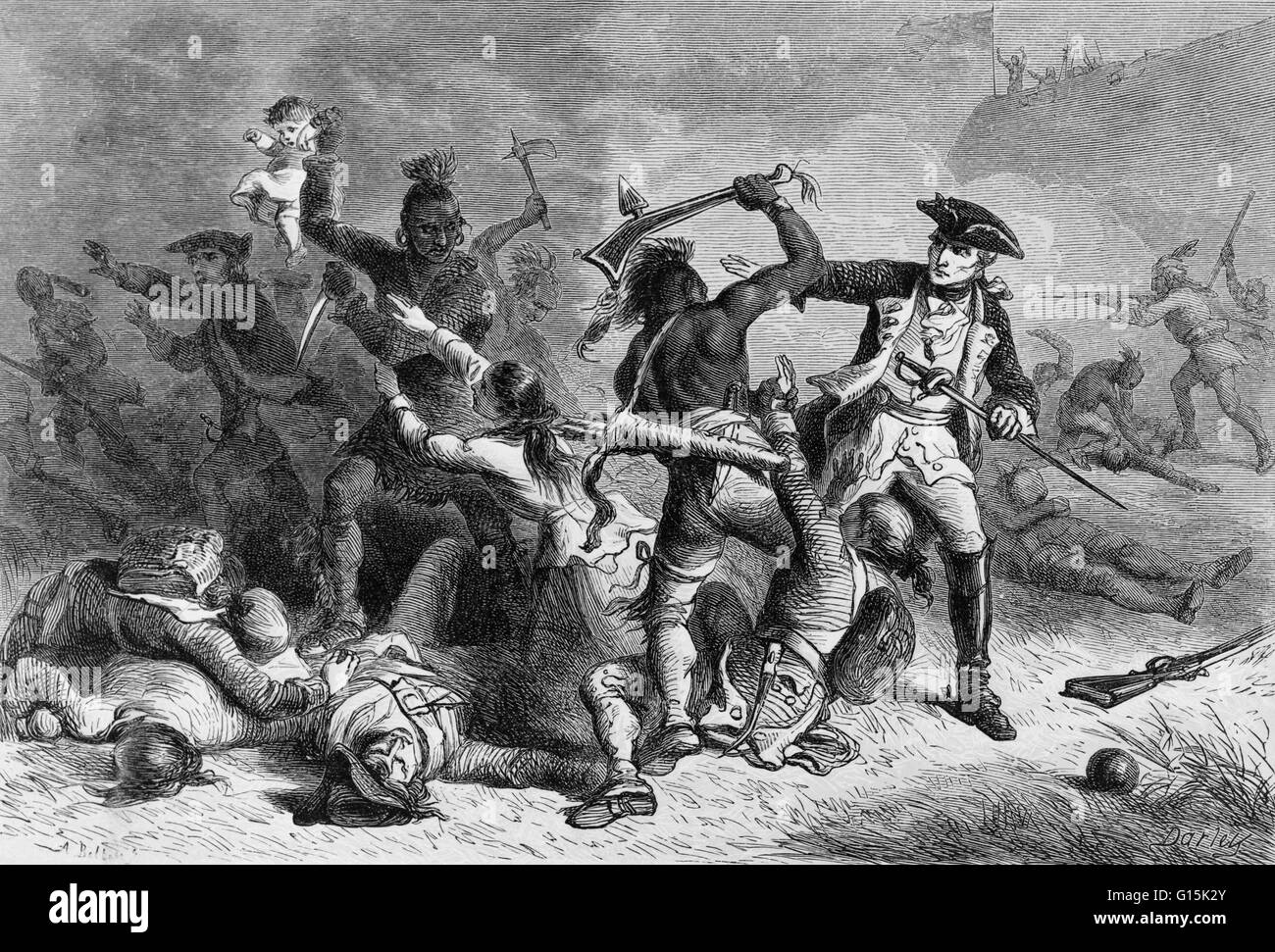 Print depicting the Battle of Fort William Henry, entitled: 'Montcalm trying to stop the massacre.' Montcalm's victory at Fort William Henry in 1757 was a military and personal victory, but the conduct of his Algonquin allies, who massacred British soldie Stock Photo