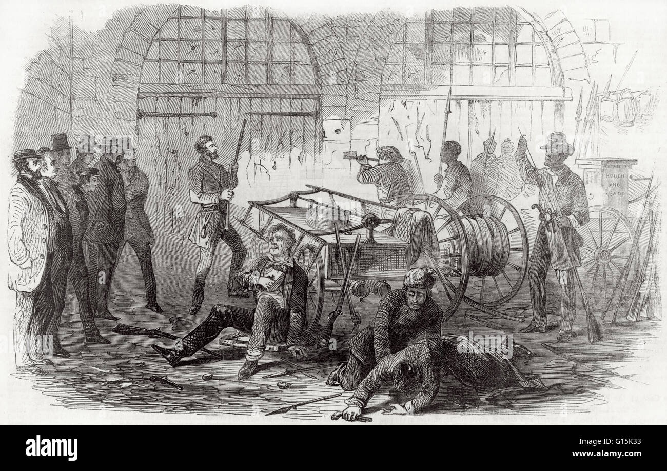 Engraving entitled: 'Harpers Ferry Insurrection. Interior of the Engine House, just before the gate is broken down by the storming party.' The print shows Brown with hostages. John Brown, a white abolitionist, attempted to start an armed slave revolt by s Stock Photo