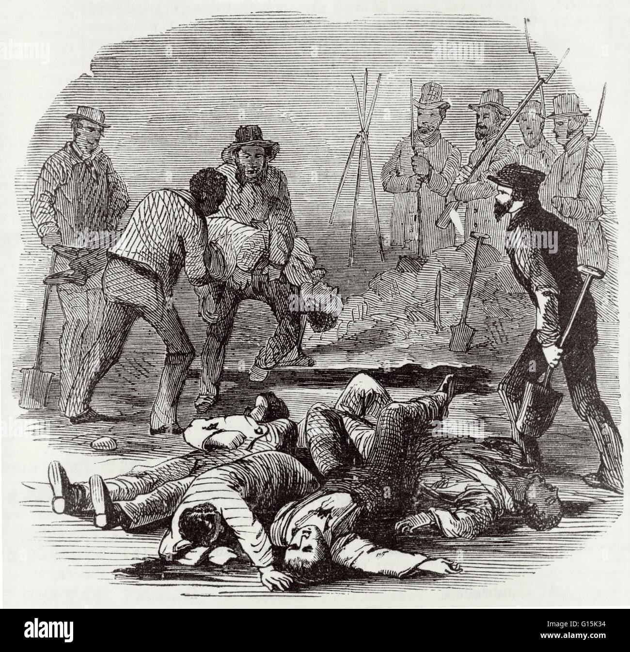 Illustration showing the burial of dead insurgents killed at John Brown's raid on Harpers Ferry. The raid was an attempt by white abolitionist John Brown to start an armed slave revolt by seizing a United States Arsenal at Harpers Ferry in Virginia in 185 Stock Photo
