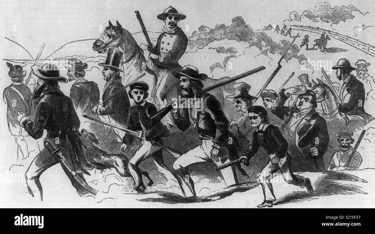 Engraving entitled: 'En route for Harpers Ferry.' John Brown, a white abolitionist, attempted to start an armed slave revolt by seizing a military arsenal at Harpers Ferry, Virginia in 1859. He was defeated by a detachment of Marines led by Colonel Robert Stock Photo