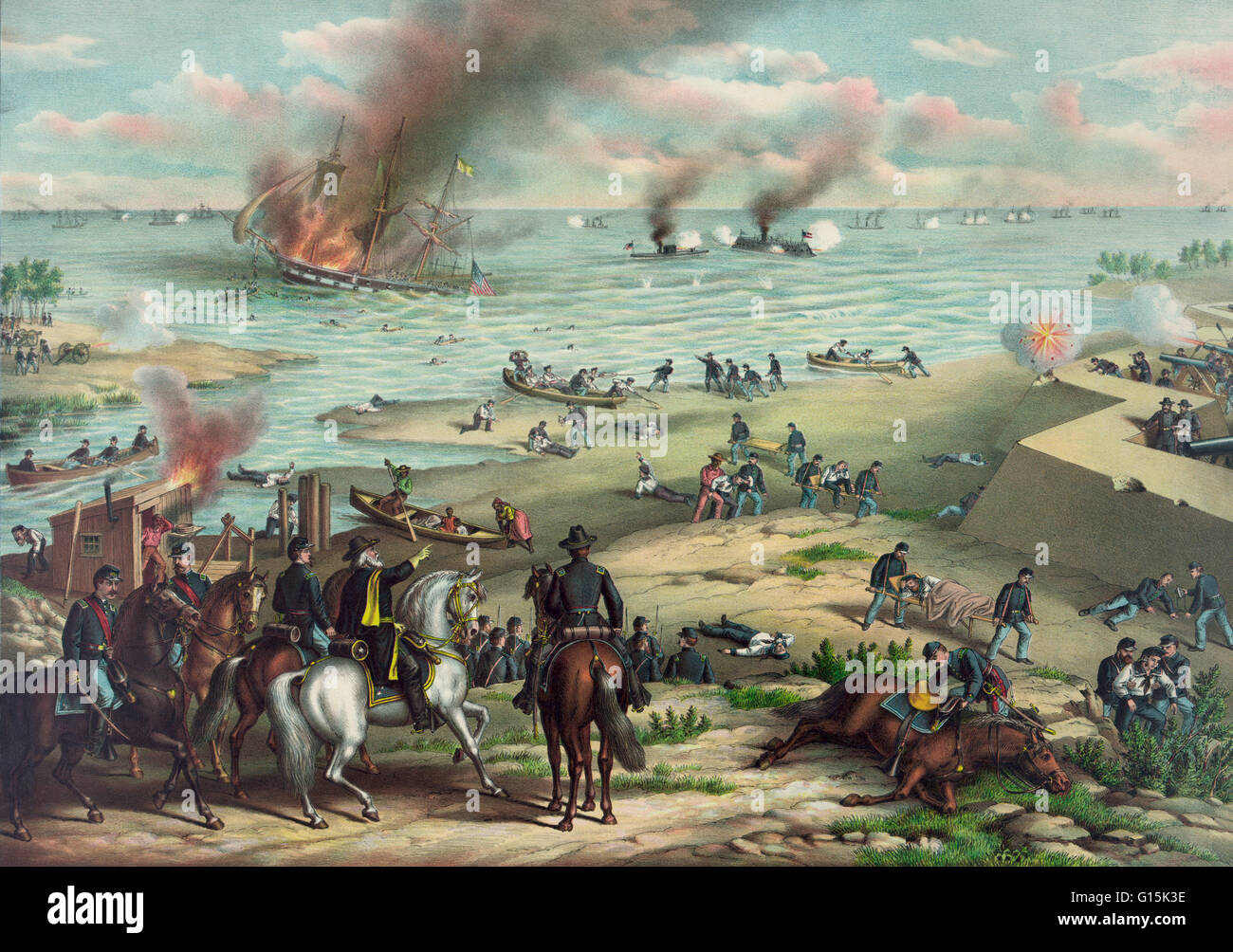 Illustration of the battle between the ironclad warships Monitor and Merrimac; also shows a different Union ship sinking and rescue boats being put to sea from shore, as well as a Union artillery bunker, Union soldiers and officers, and some rescued sailo Stock Photo