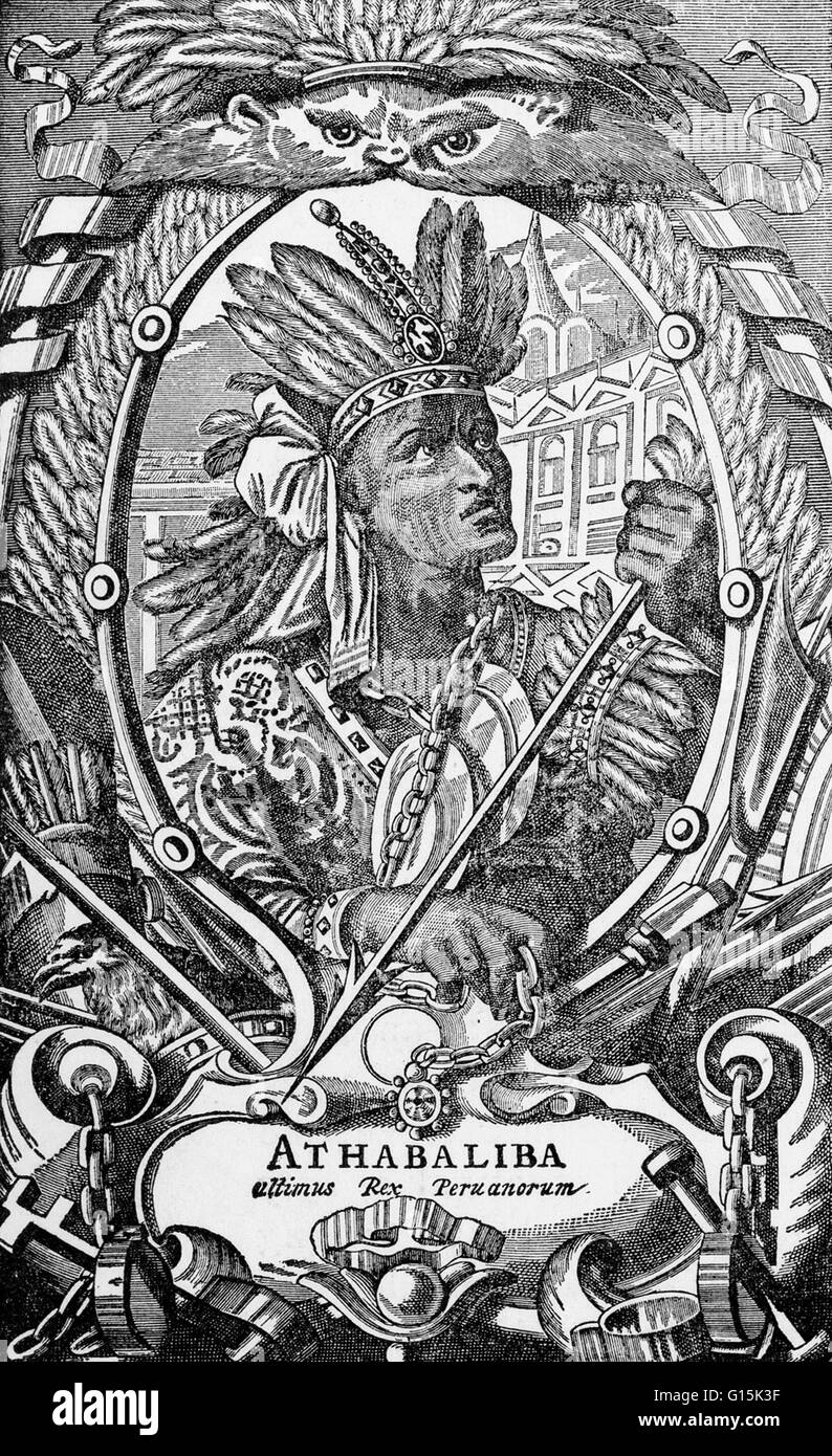 Atahualpa (1497-1533), the last sovereign emperor of the the Inca Empire prior to the Spanish conquest of Peru. During this conquest, the Spaniard Francisco Pizarro captured Atahualpa and used him to control the Inca empire. The Spanish saw Atahualpa as t Stock Photo