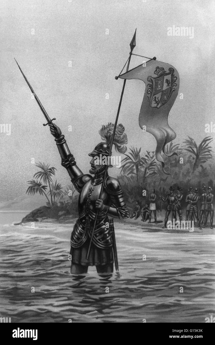 Lithograph entitled: 'Balboa claiming dominion over the South Seas on behalf of the King of Spain.' The print shows Balboa standing in the Pacific Ocean holding a sword and the banner of Spain. Vasco Nunez de Balboa (1474-1519) was a Spanish explorer, gov Stock Photo