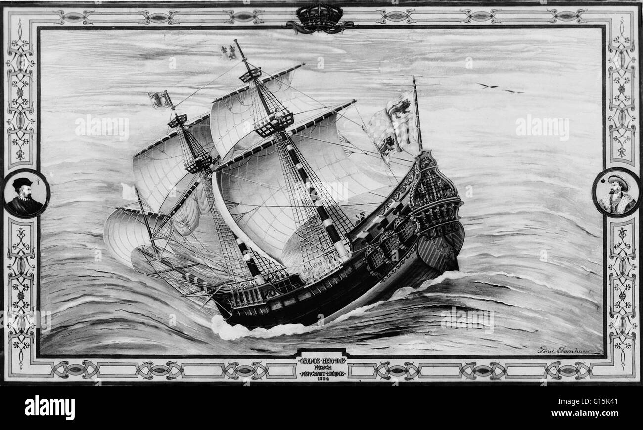 Illustration of the Grande Hermine, the most celebrated of French ships of the Galleon type; cameos of Jacques Cartier & Francis I, King of France are featured in the margins. This was the ship that brought Jacques Cartier to Saint-Pierre on June 15, 1535 Stock Photo