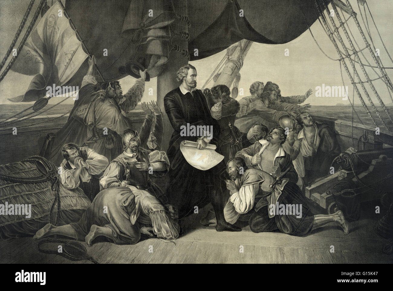 Lithograph entitled: The first sight of the new world, Columbus discovering America. Christopher Columbus (1451-1506) was an Italian explorer, colonizer, and navigator. Under the support of the Catholic Monarchs of Spain (King Ferdinand and Queen Isabella Stock Photo