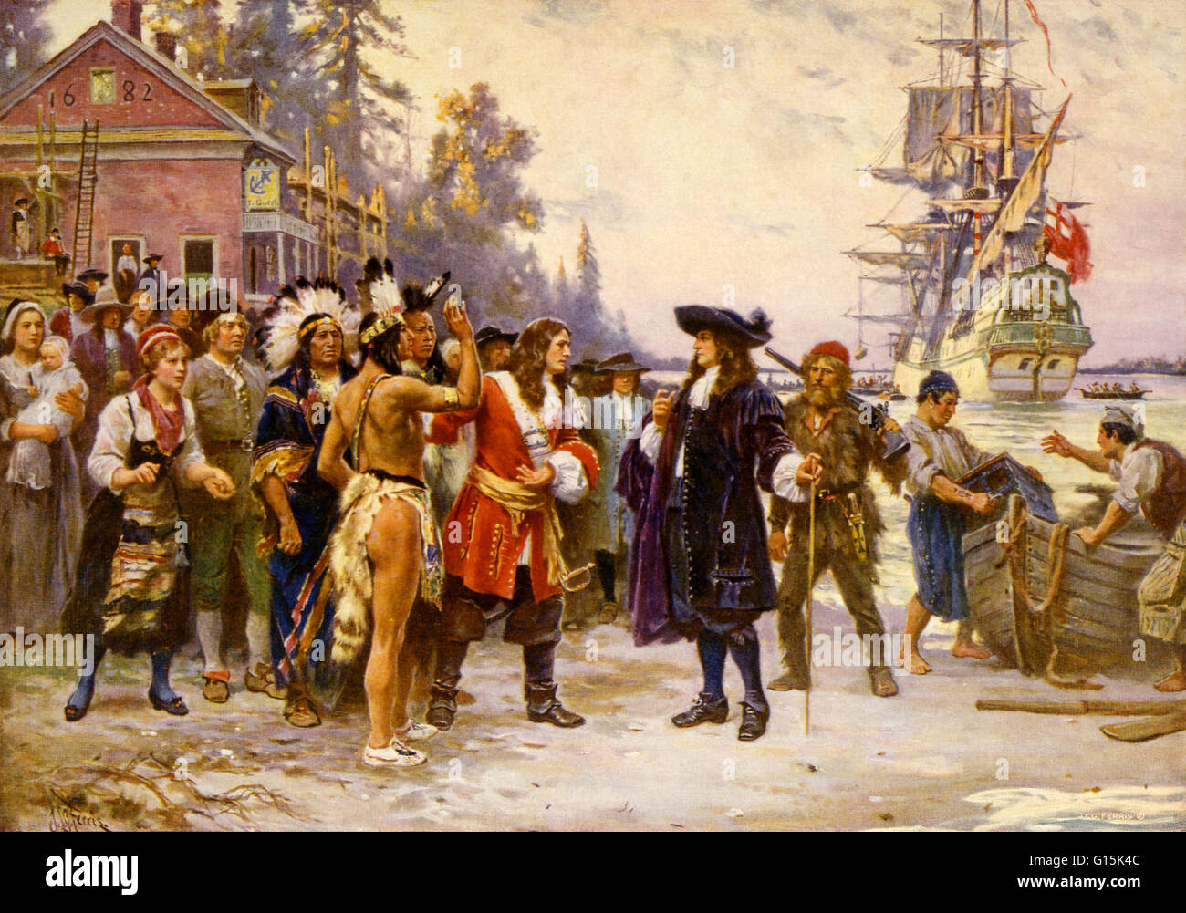 Print showing William Penn, in 1682, greeted by large group of men and women, including Native Americans. William Penn (1644-1718) was an English real estate entrepreneur, philosopher, and founder of Pennsylvania. He