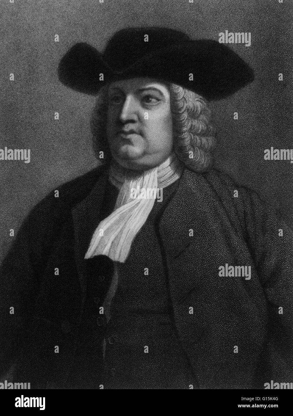Portrait of William Penn (1644-1718), English real estate entrepreneur, philosopher, and founder of Pennsylvania. He was an early champion of democracy and religious freedom, notable for his good relations and successful treaties with the Lenape Indians. Stock Photo