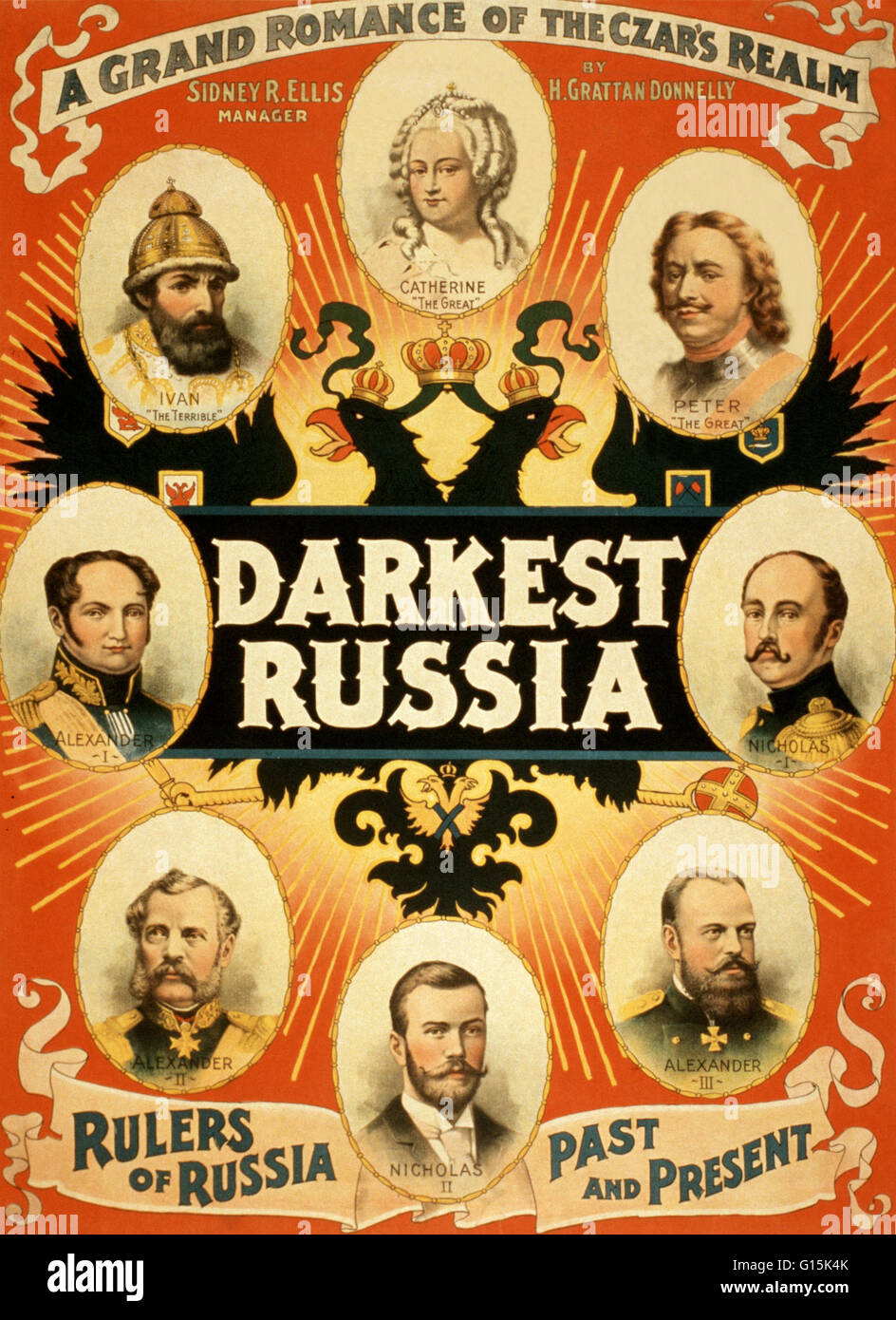 Theater poster for 'Darkest Russia,' a melodrama by Henry Grattan Donnelly. Top row left to right, Ivan the Terrible, Catherine the Great, Peter the Great. Middle row left to right, Alexander I, Nicholas I. Bottom row left to right, Alexander II, Nicholas Stock Photo