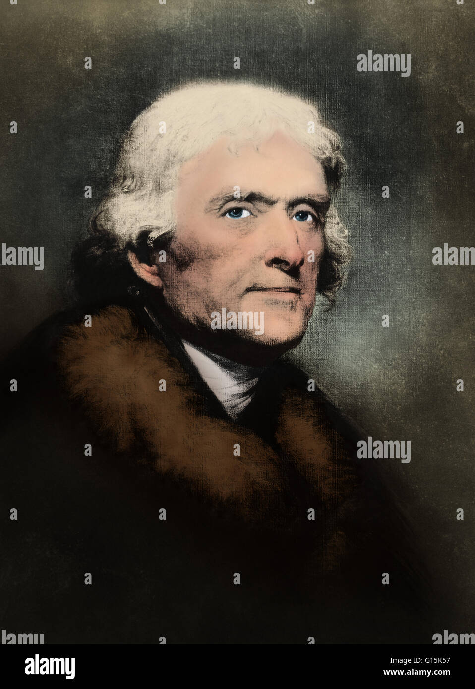 Undated color ehnaced portrait of Thomas Jefferson (April 13, 1743 - July 4, 1826) was an American Founding Father, the principal author of the United States Declaration of Independence (1776) and third President of the United States (1801-1809). At the b Stock Photo