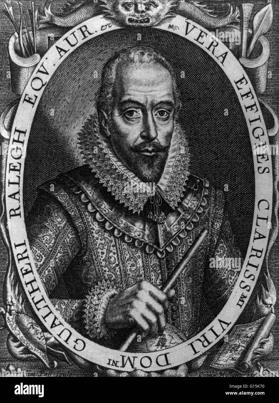 Engraving entitled: 'Sir Walter Raleigh, the true and lively.' Walter Raleigh (1554 - October 29, 1618) was an English aristocrat, writer, poet, soldier, courtier, spy, and explorer. He is most remembered for popularizing tobacco in England. His plan in 1 Stock Photo