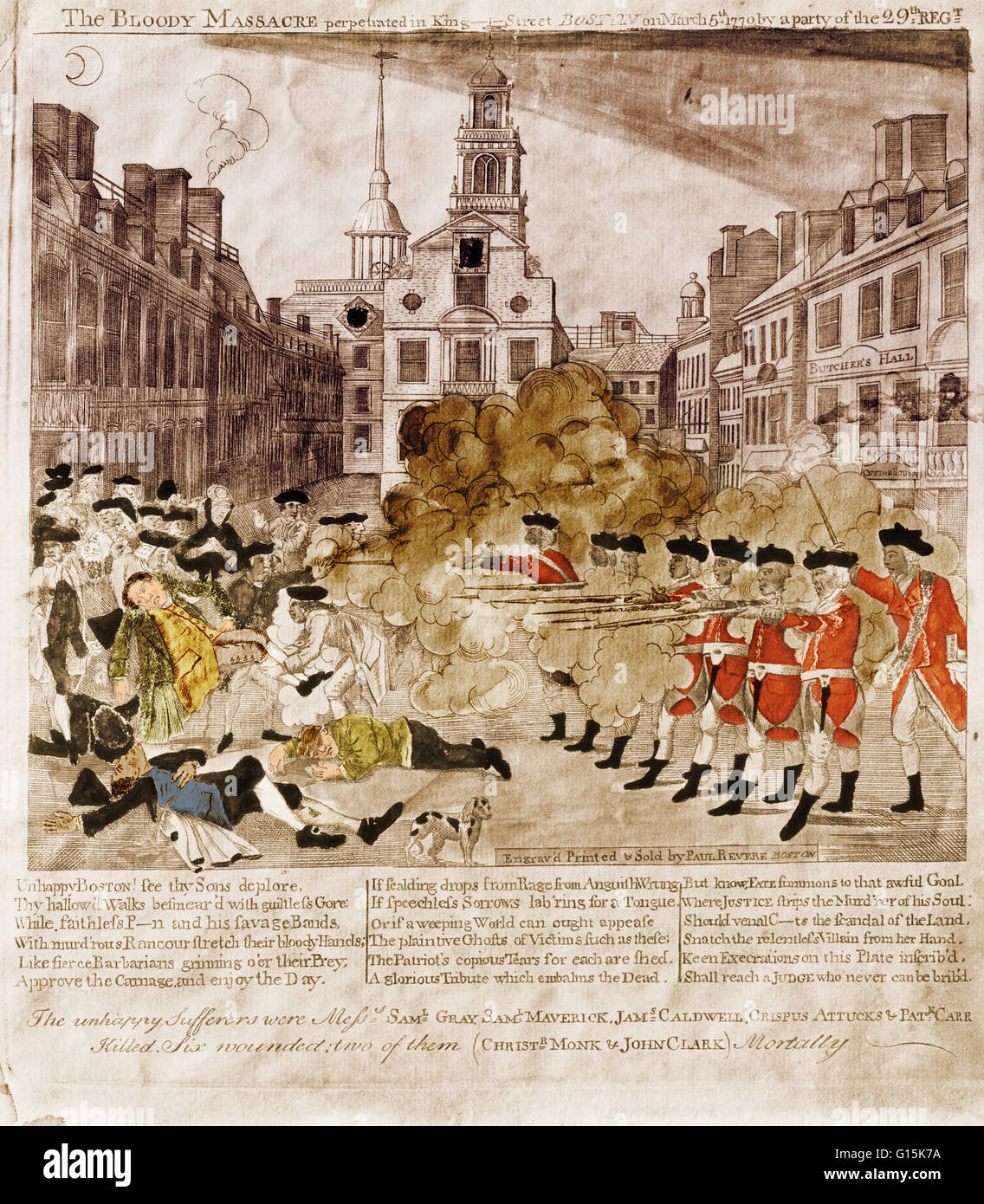 An engraving by Paul Revere of the Boston Massacre. The Boston Massacre, known as the Incident on King Street by the British, occurred on March 5, 1770, when British Army soldiers killed five male civilians and injured six others. The attack was heavily p Stock Photo