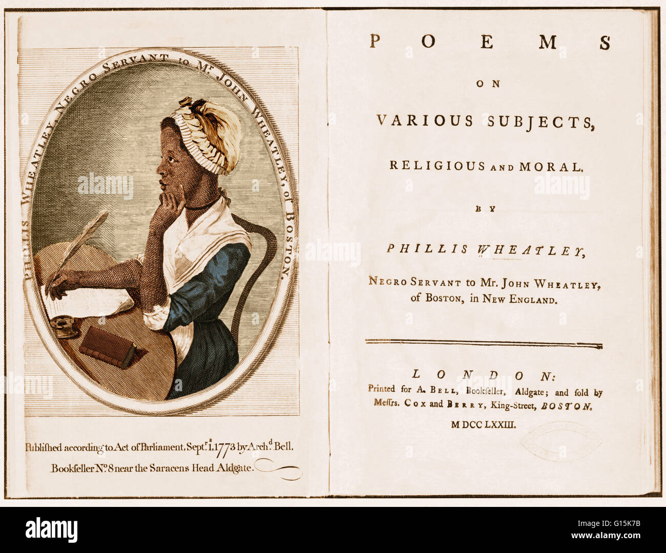 Engraving of Wheatley by Scipio Moorhead in the Frontispiece to her book of poetry. Phillis Wheatley (1753 - December 5, 1784) was the first female African-American published poet. Born in Senegal she was sold into slavery at the age of 12 and transported Stock Photo