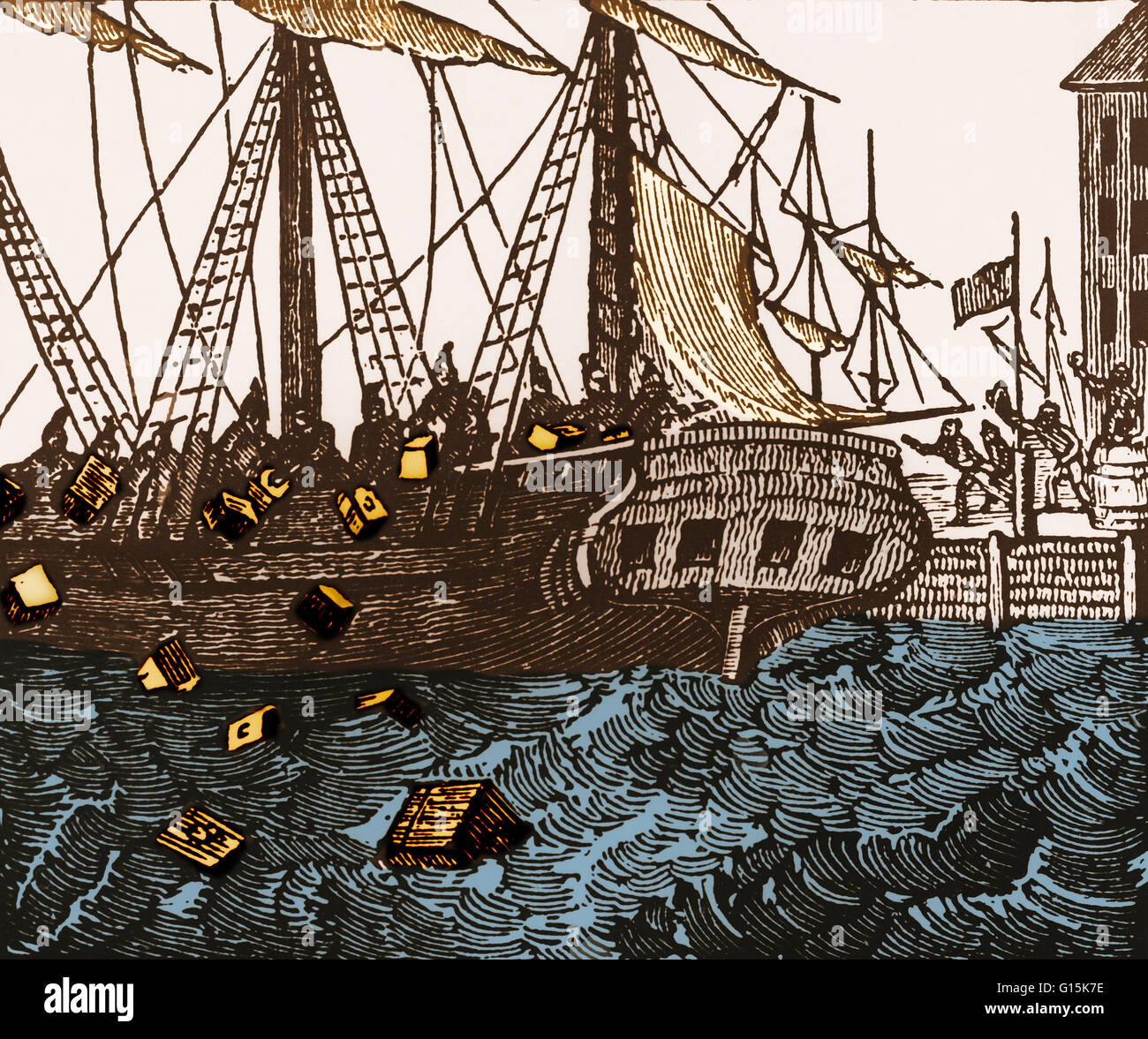 The Boston Tea Party was a direct action by colonists in Boston, a town in the British colony of Massachusetts, against the British government and the East India Company that controlled all the tea imported into the colonies. On December 16, 1773, after o Stock Photo