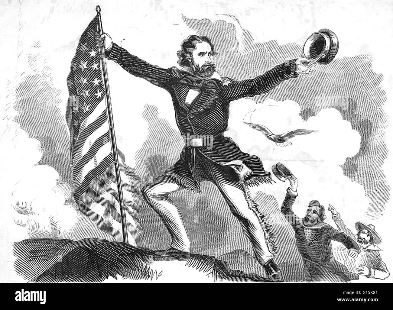Engraving entitled: Col. Fremont planting the American standard on the Rocky Mountains. Fremont is shown on a mountain peak, planting an American flag. He is clad in fringed trousers and military coat and waves a visored cap in the air. Below are a bearde Stock Photo