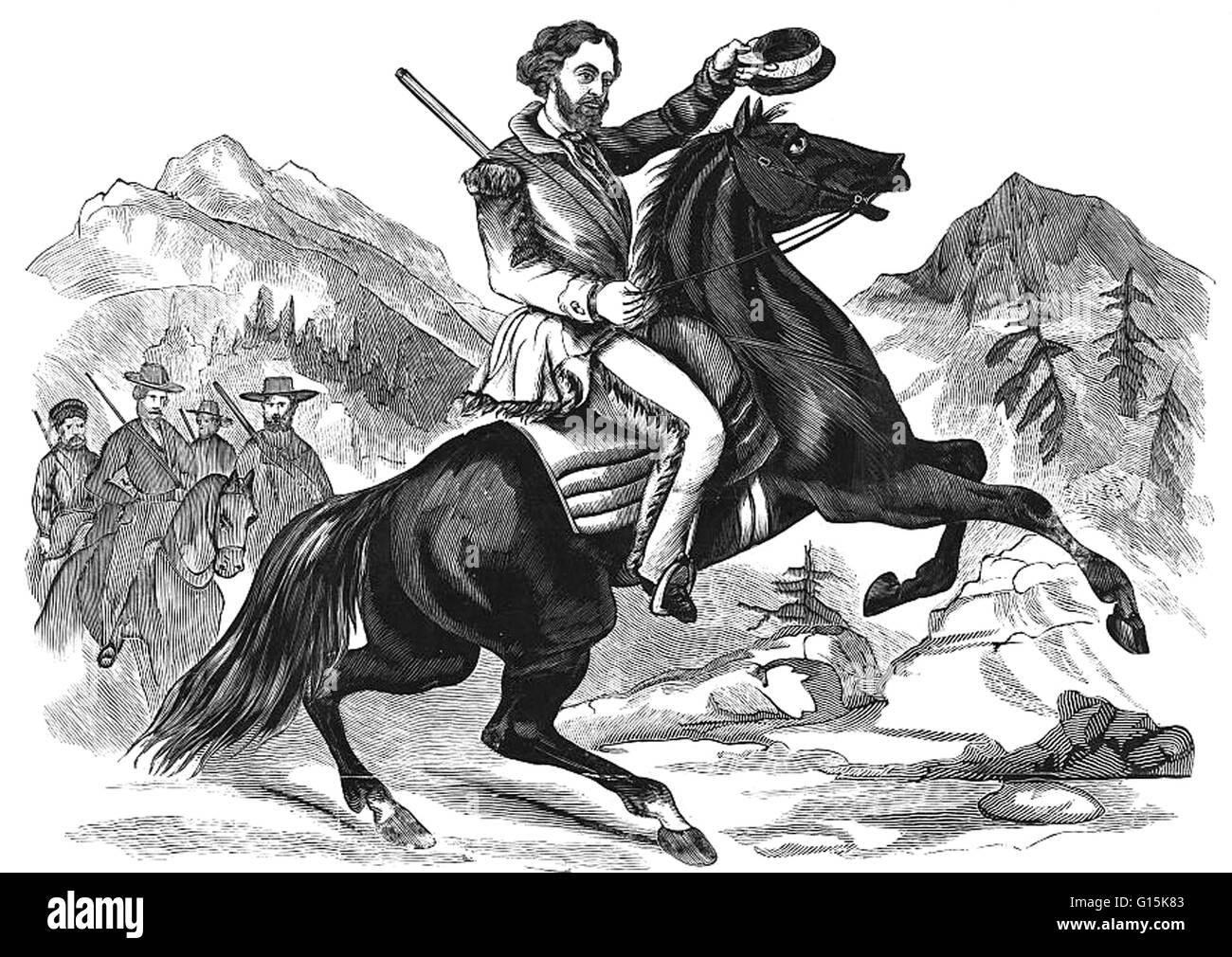 Woodcut entitled: Col. John C. Fremont, Republican candidate for the President of the United States. Fremont, a distinguished soldier and explorer, is mounted on a rearing horse in a mountain setting. Dressed in buckskins and with a rifle slung over his s Stock Photo