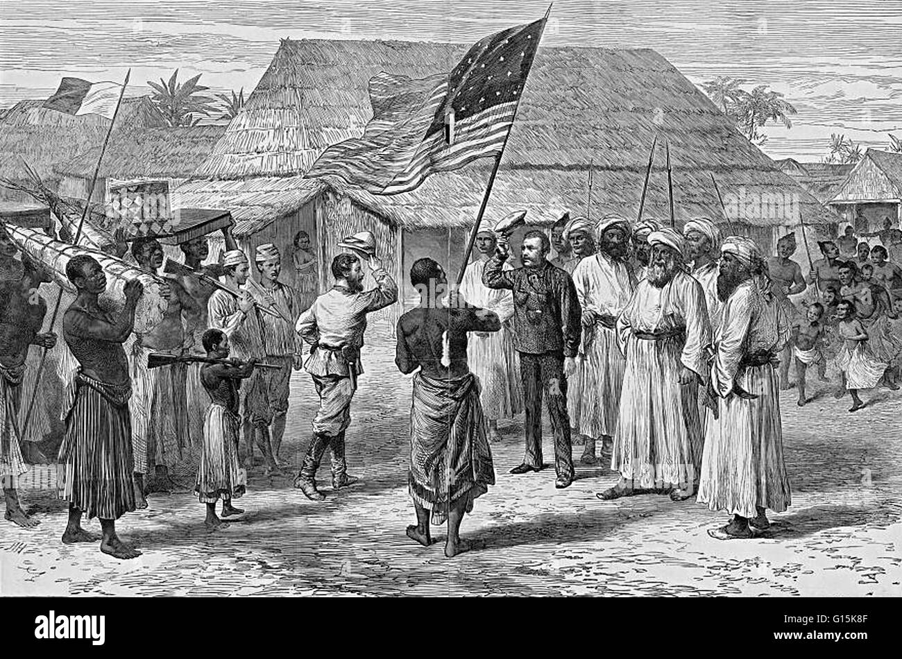 Engraving entitled: Stanley meets Livingstone. Showing Henry Morton Stanley greeting Dr. David Livingstone at a village in Ujiji, near Lake Tanganyika in present day Tanzania. Stanley's porters stand on the left, one at center carries an American flag; Li Stock Photo