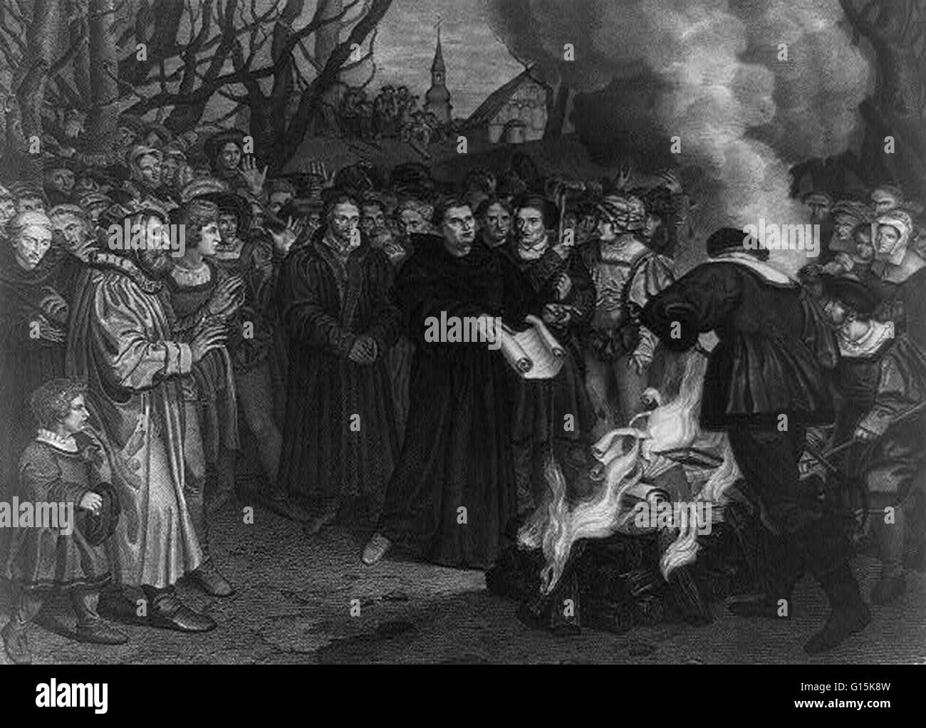 1830 lithograph shows a crowd gathered to watch Martin Luther burn the papal bull Exsurge Domine from Leo X (condemning Luther's ideas and threatening him with excommunication) and the canon law in front of a church in Wittenberg. Martin Luther (1483-1546 Stock Photo