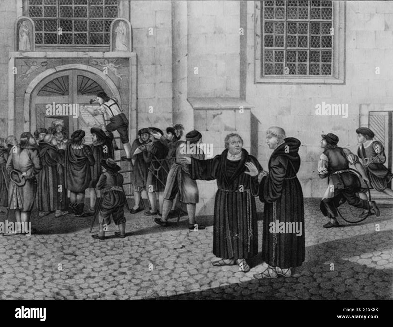 1830 lithograph show a crowd has gathered to watch as Martin Luther directs the posting of his 95 theses, protesting the practice of the sale of indulgences, to the door of the castle church in Wittenberg. Martin Luther (1483-1546) was a German priest, pr Stock Photo