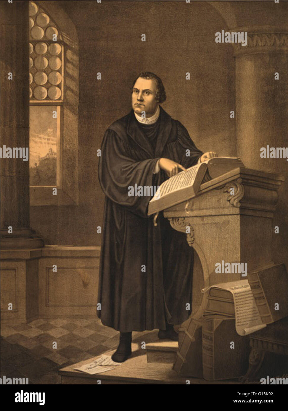 Martin Luther (1483-1546) was a German priest, professor of theology and a major figure of the Protestant Reformation. He disputed the claim that freedom from God's punishment for sin could be purchased with money. He confronted indulgence salesman Johann Stock Photo