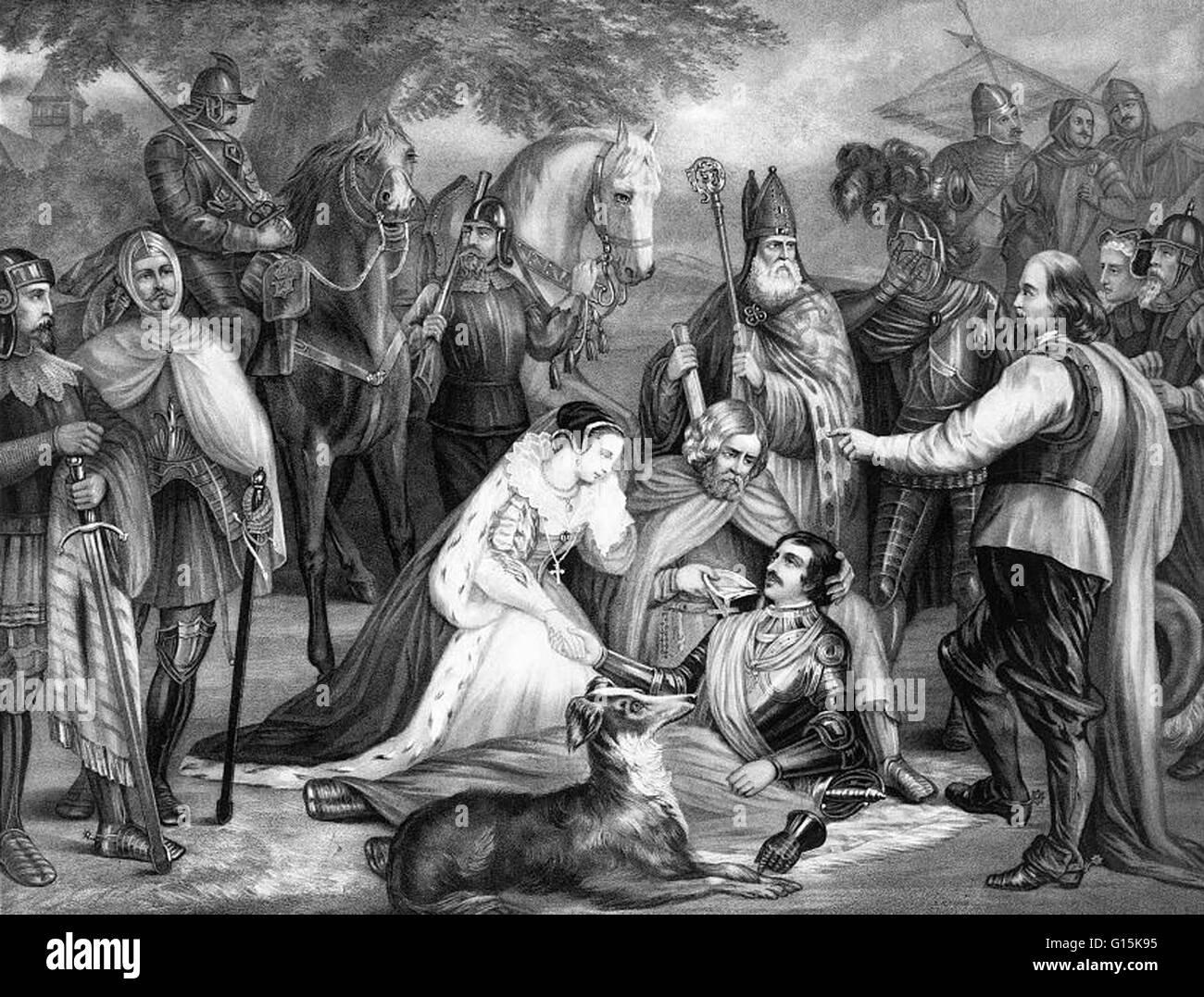 Lithograph entitled: Mary of Scotland mourning over the dying Douglas at the Battle of Langside, 1568. Shows Mary, Queen of Scots, is kneeling next to George(?) Douglas, who was mortally wounded during the battle of Langside, a priest administers last rit Stock Photo