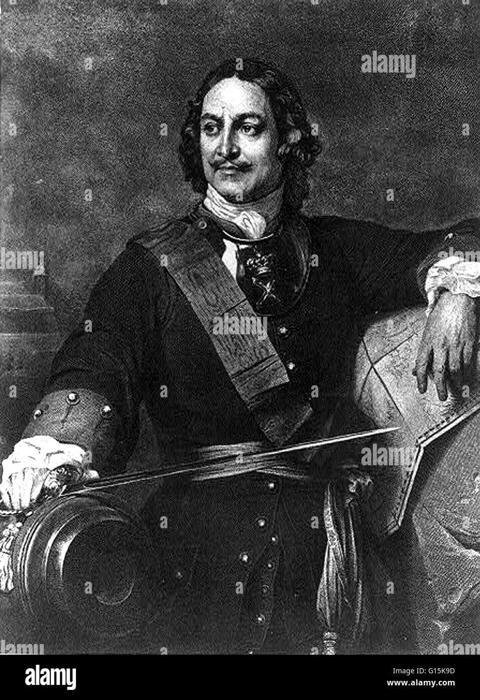 Peter the Great (1672-1725) ruled the Tsardom of Russia and later the Russian Empire from1682 until his death, jointly ruling before 1696 with his half-brother. In numerous successful wars he expanded the Tsardom into a huge empire that became a major Eur Stock Photo