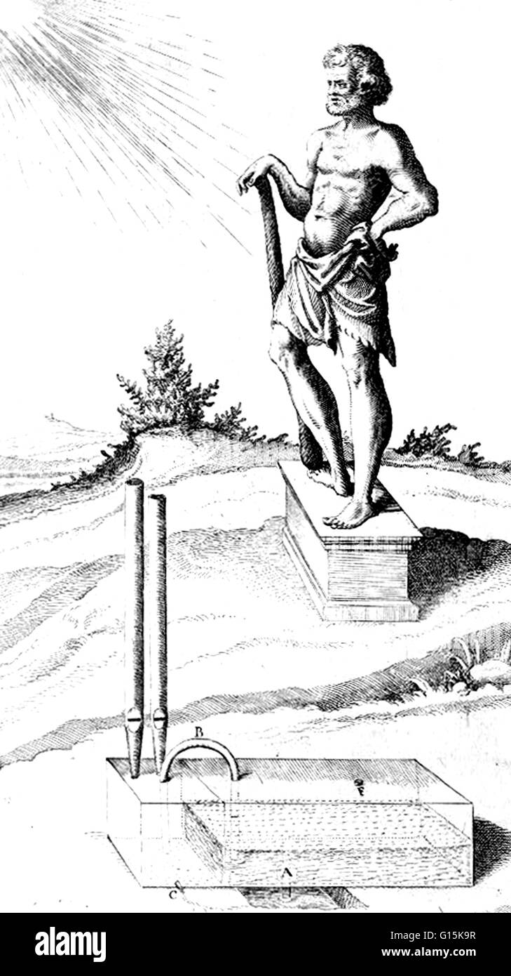 Engraving entitled: Garden monument when heated by the sun brings water to a boil generating steam which causes sound to issue from pipes like an organ; shows statue, possibly of Hero of Alexandria. Hero (or Heron) of Alexandria (10-70 AD) was an ancient Stock Photo