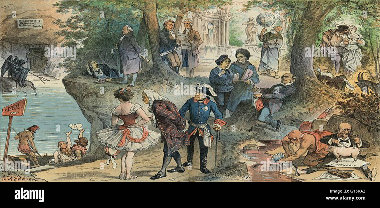 Chromolithograph entitled 'Sheol' by Joseph Ferdinand Keppler (1838-1894), centerfold from Puck Magazine, vol. 17, no. 429, pub. May 27, 1885. The illustration shows a number of historical figures enjoying the pleasant atmosphere of Sheol after suffering Stock Photo
