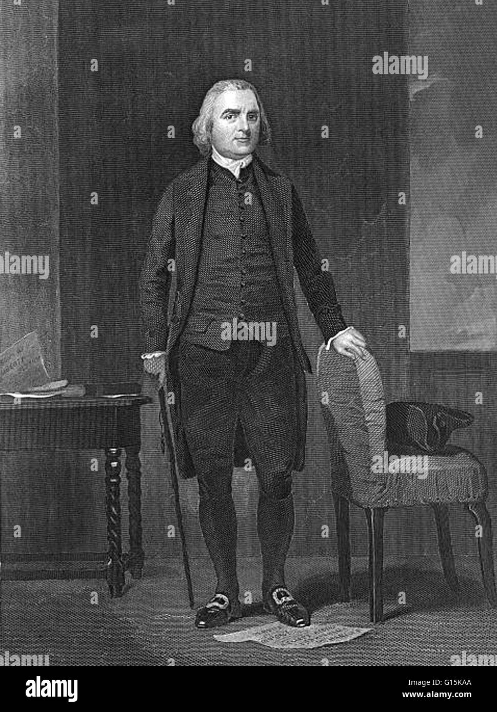 Samuel Adams (1722 -1803) was an American statesman, political philosopher, and one of the Founding Fathers of the United States. Adams was a leader of the movement that became the American Revolution and John Hancock's mentor. After Parliament passed the Stock Photo