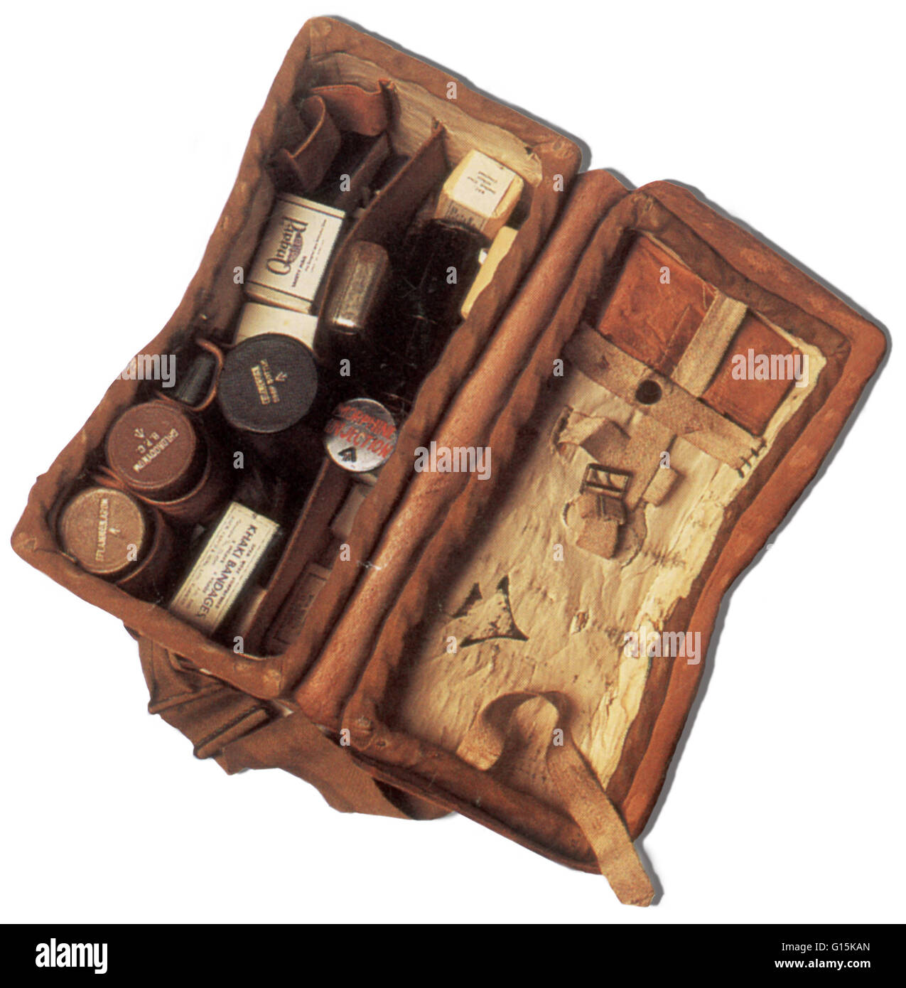 Dr. Andrew Duncan's WWII field kit, containing bandages, morphine, and other emergency medical supplies.  Duncan was an army field surgeon during the Second World War.  He was sent to the Royal Army Medical Corps (RAMC) and given the rank of Captain.  On Stock Photo