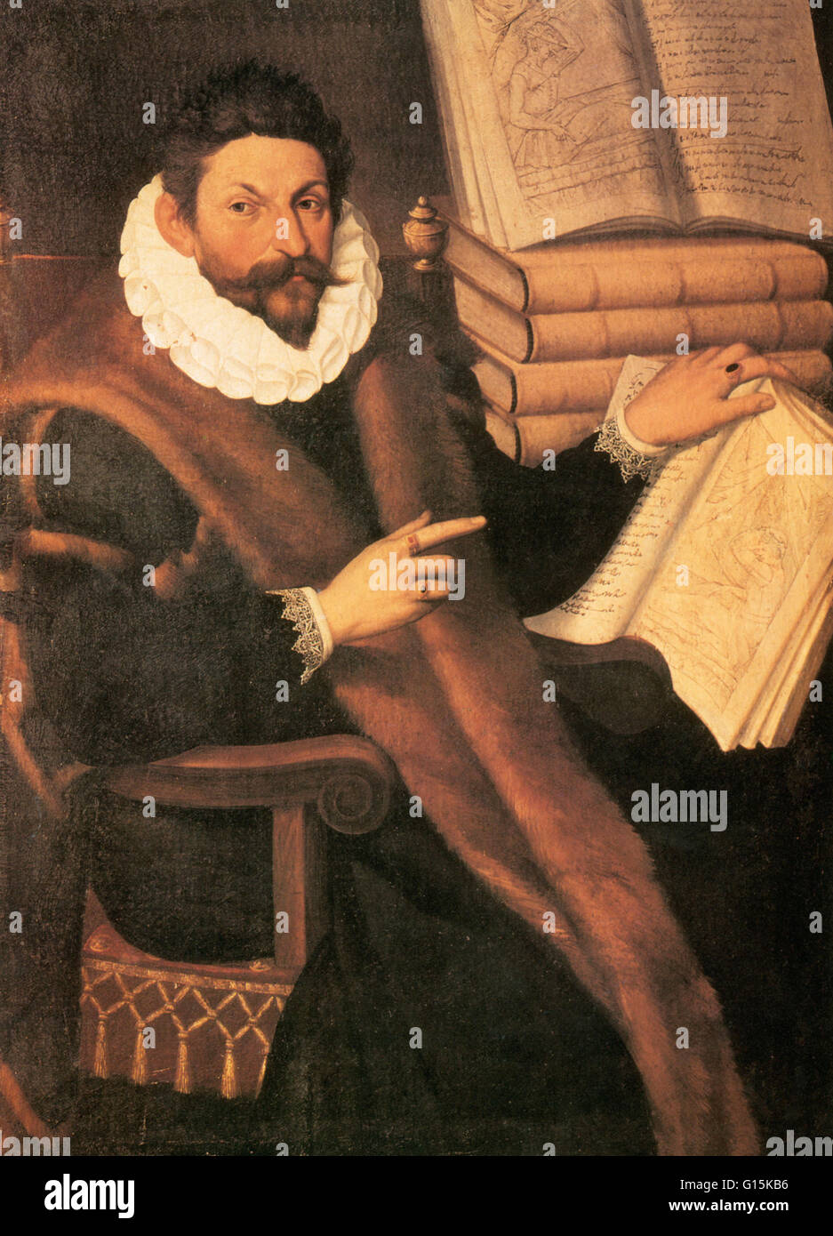Portrait of Gaspare Tagliacozzi (1547-1599), attributed to Tiburzio Passarotti, c. 1575.  In this painting, the Italian surgeon is shown with many copies of his book on plastic surgery, De Curtorum Chirurgia Per Institionem (1597).  The copy he is holding Stock Photo