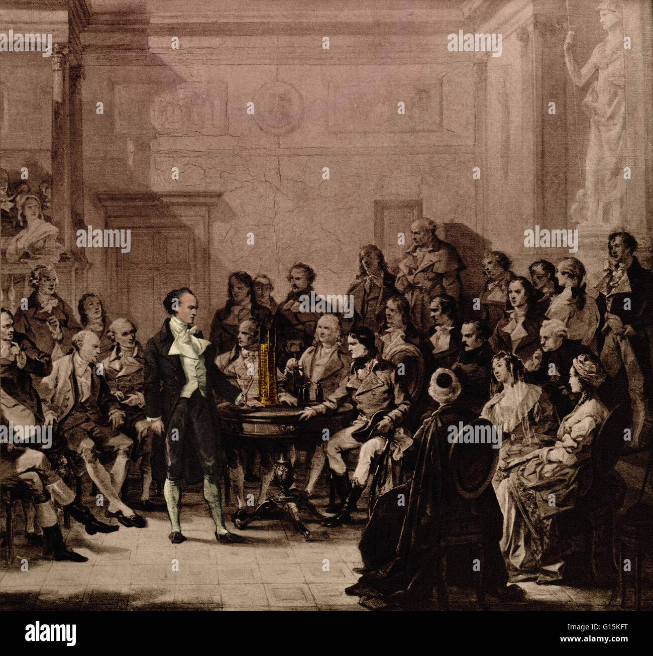Volta revealing his electric battery to Napoleon Bonaparte (seated) and fellow scientists, in 1800. Upon presenting his invention, Napolean awarded Volta the medal of the Legion of Honor and made Volta a count. Alessandro Volta (1745-1827) was an Italian Stock Photo