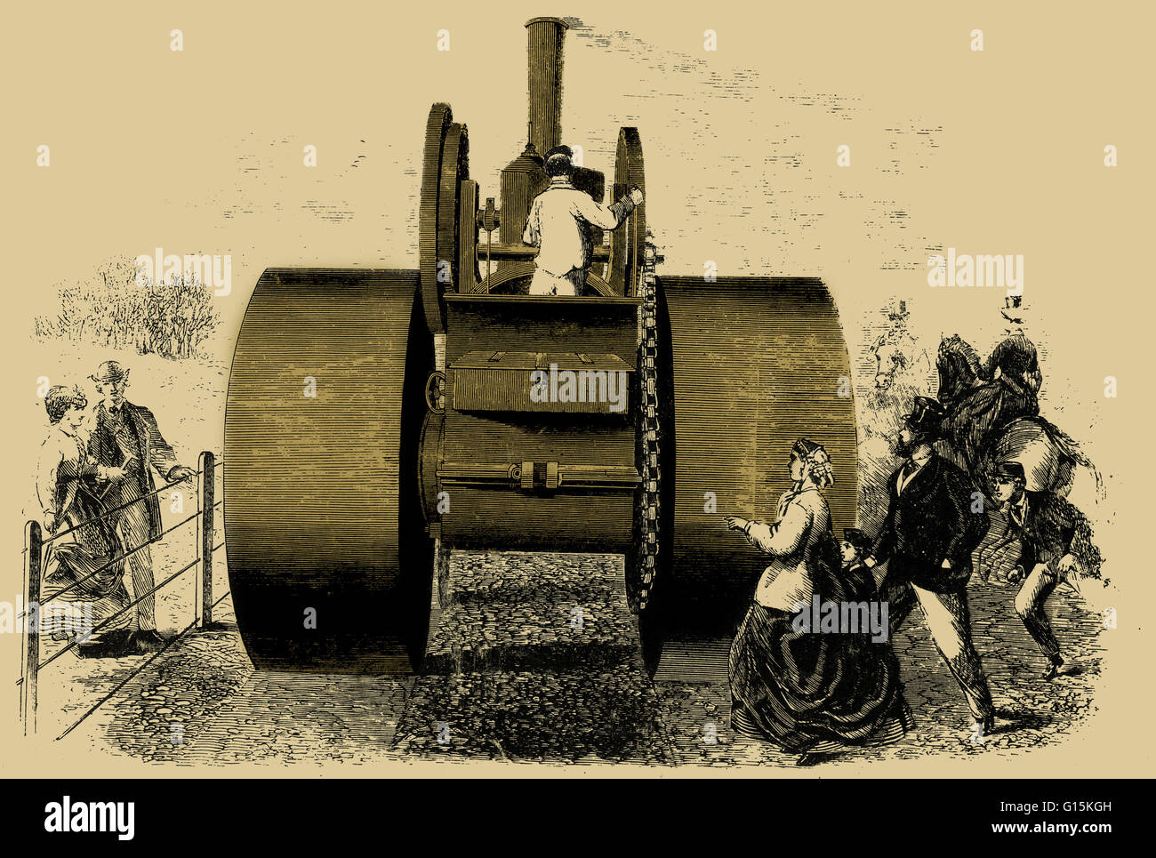 Illustration of a steam road roller in 1866. Stock Photo