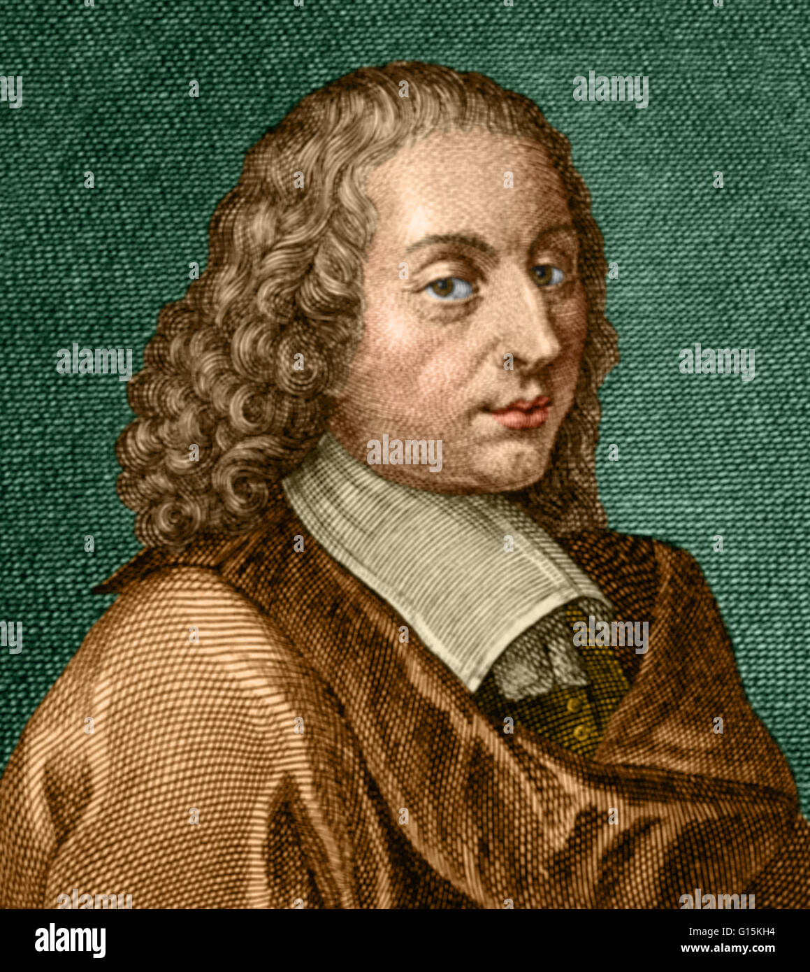 Color enhanced portrait of Blaise Pascal (1623-1662), a French mathematician, physicist, inventor, writer, Catholic philosopher and child prodigy. He made important contributions to the study of fluids, and clarified the concepts of pressure and vacuum. W Stock Photo