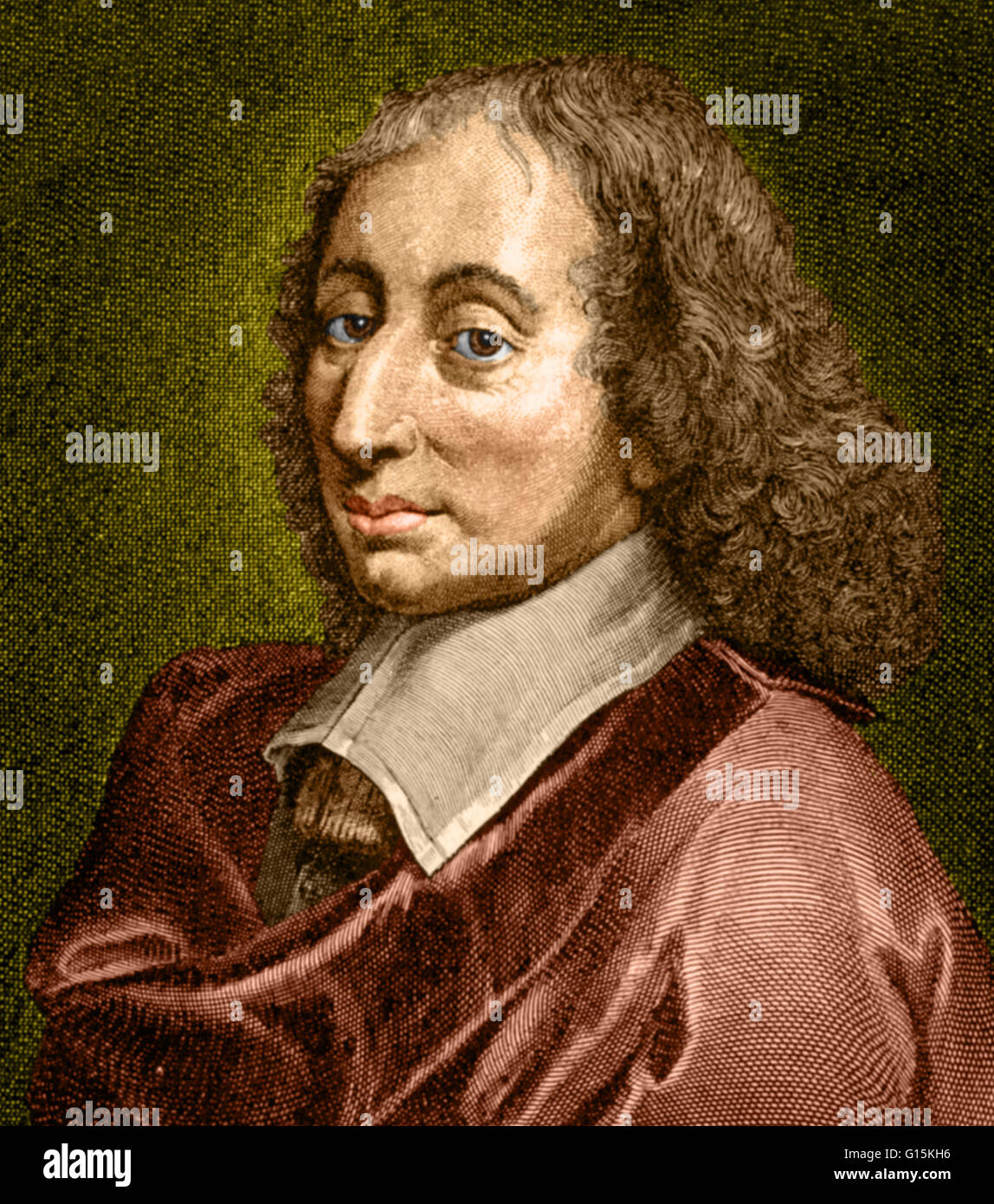 Color enhanced drawing of Blaise Pascal (1623-1662), a French mathematician, physicist, inventor, writer, Catholic philosopher and child prodigy. He made important contributions to the study of fluids, and clarified the concepts of pressure and vacuum. Wh Stock Photo