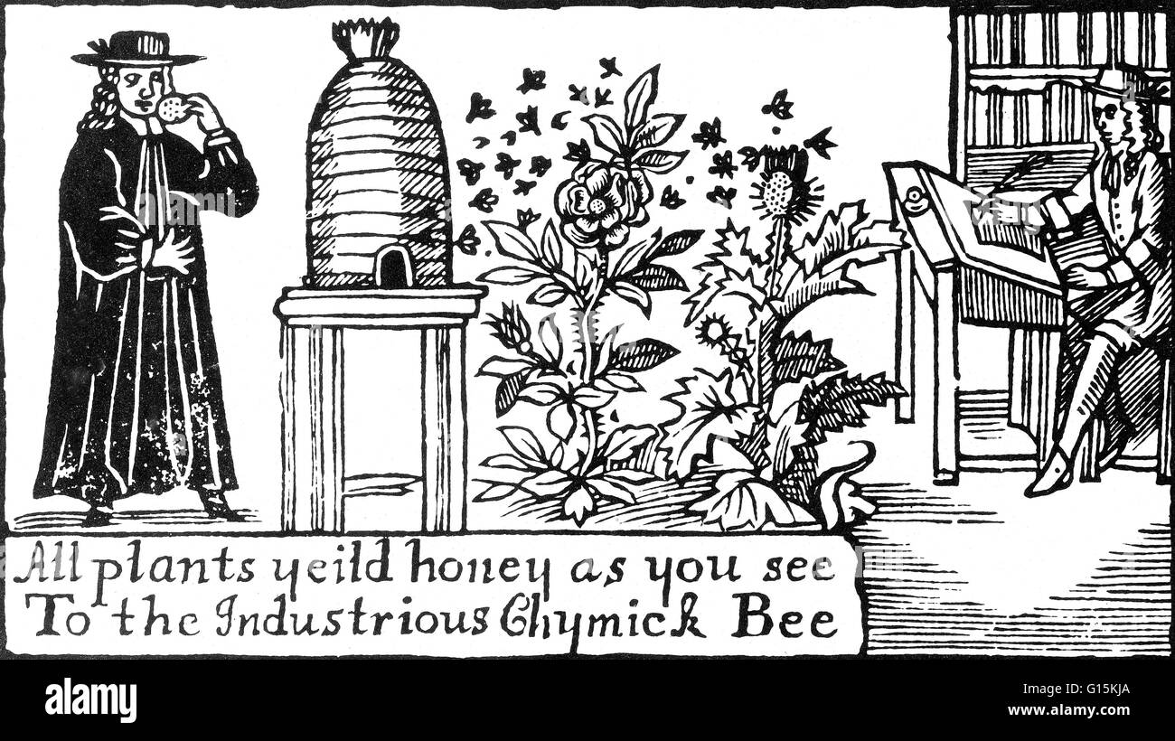 'All plants yield honey as you see. To the industrious Chymick bee'. A clergyman standing beside a beehive holds a honeycomb to his face while bees fly towards a rose of England and a thistle of Scotland; on the right, a scholar sits writing at a desk wit Stock Photo