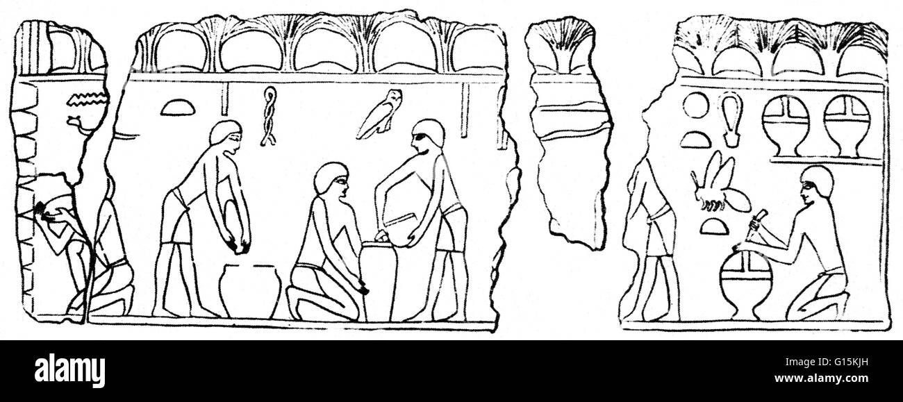 The oldest pictures of bee-keepers in action are from the Old Kingdom of Ancient Egypt. In Niuserre's sun temple bee-keepers are blowing smoke into hives as they are removing the honey-combs. After extracting the honey from the combs it was strained and p Stock Photo