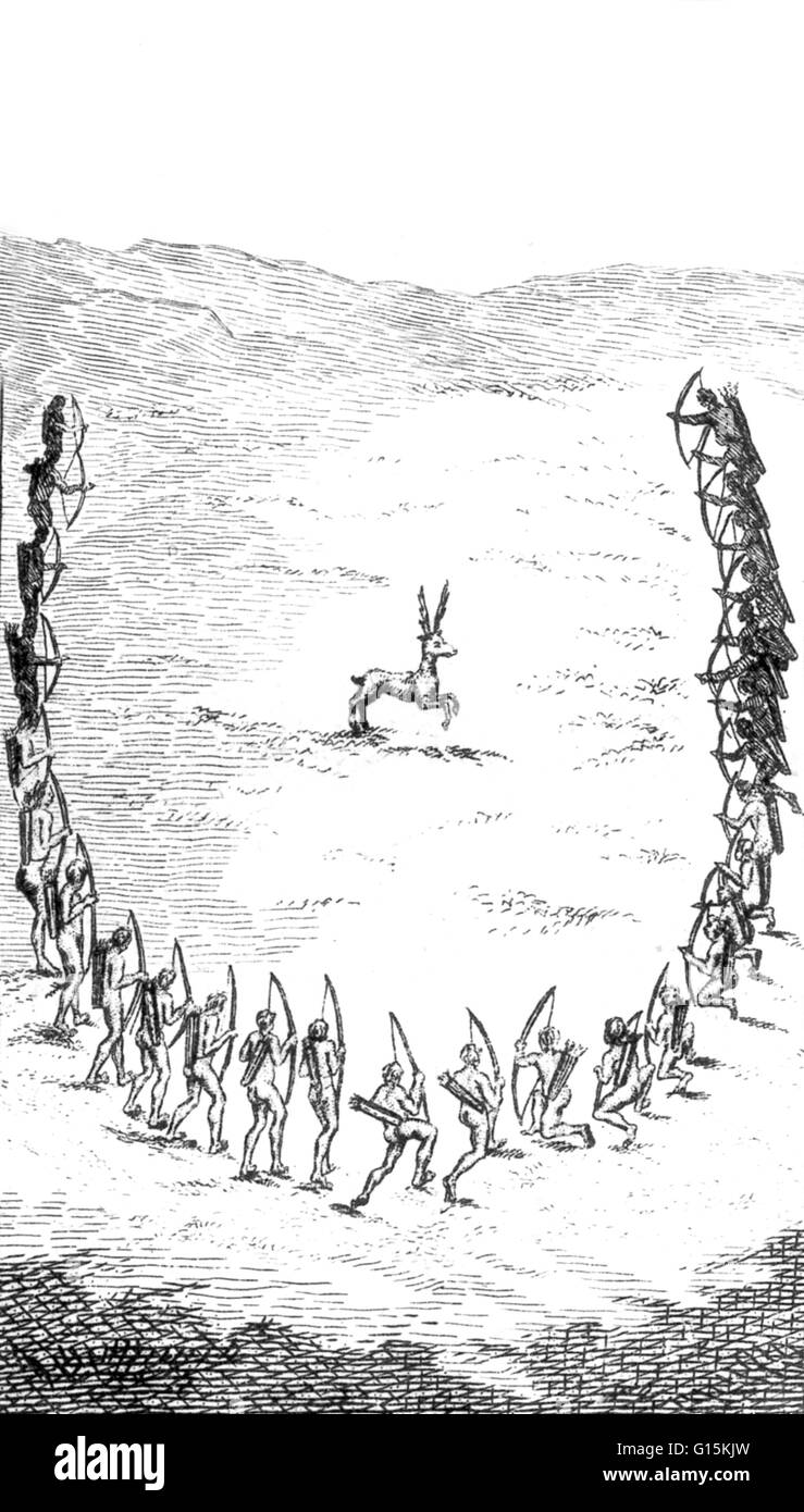 Entitled: 'Chasse generale du chevreuil' illustrating the half-moon tactic. This Native American hunting tactic was also used in warfare and proved effective in advance and retreat. Stock Photo