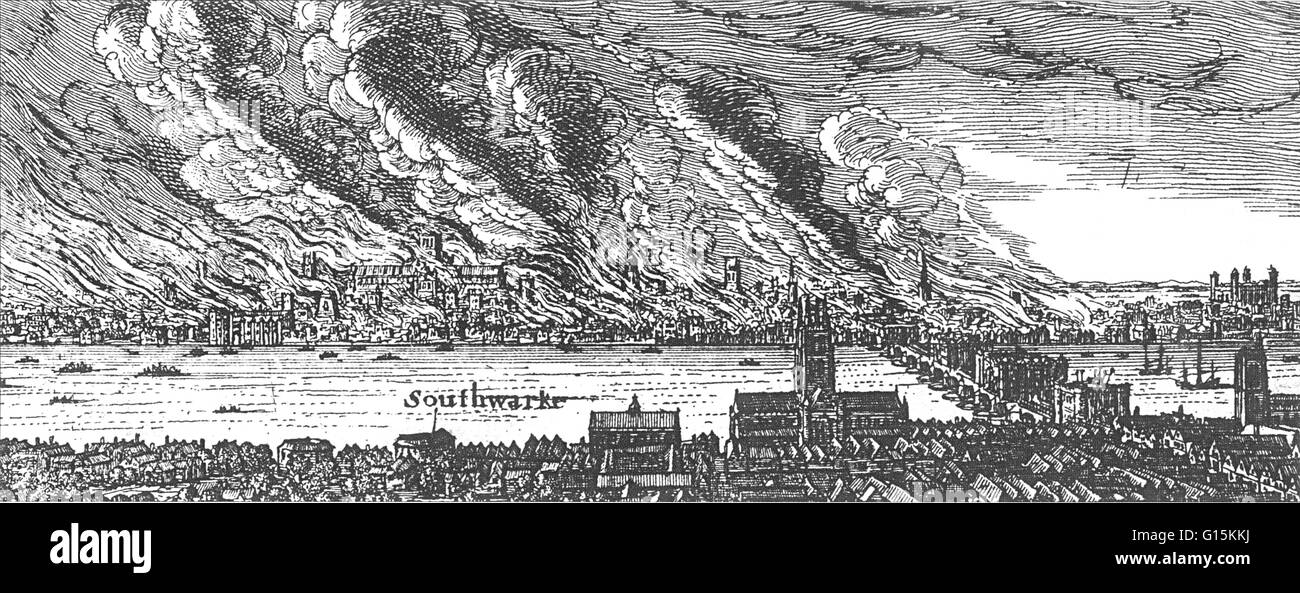In the early hours of September 2, 1666 a fire began at a bakehouse in Pudding Lane. Sparks from the bakehouse showered surrounding buildings, igniting stable materials out in a yard at the Star Inn in Fish Street. Soon after the Church of St. Margaret ca Stock Photo