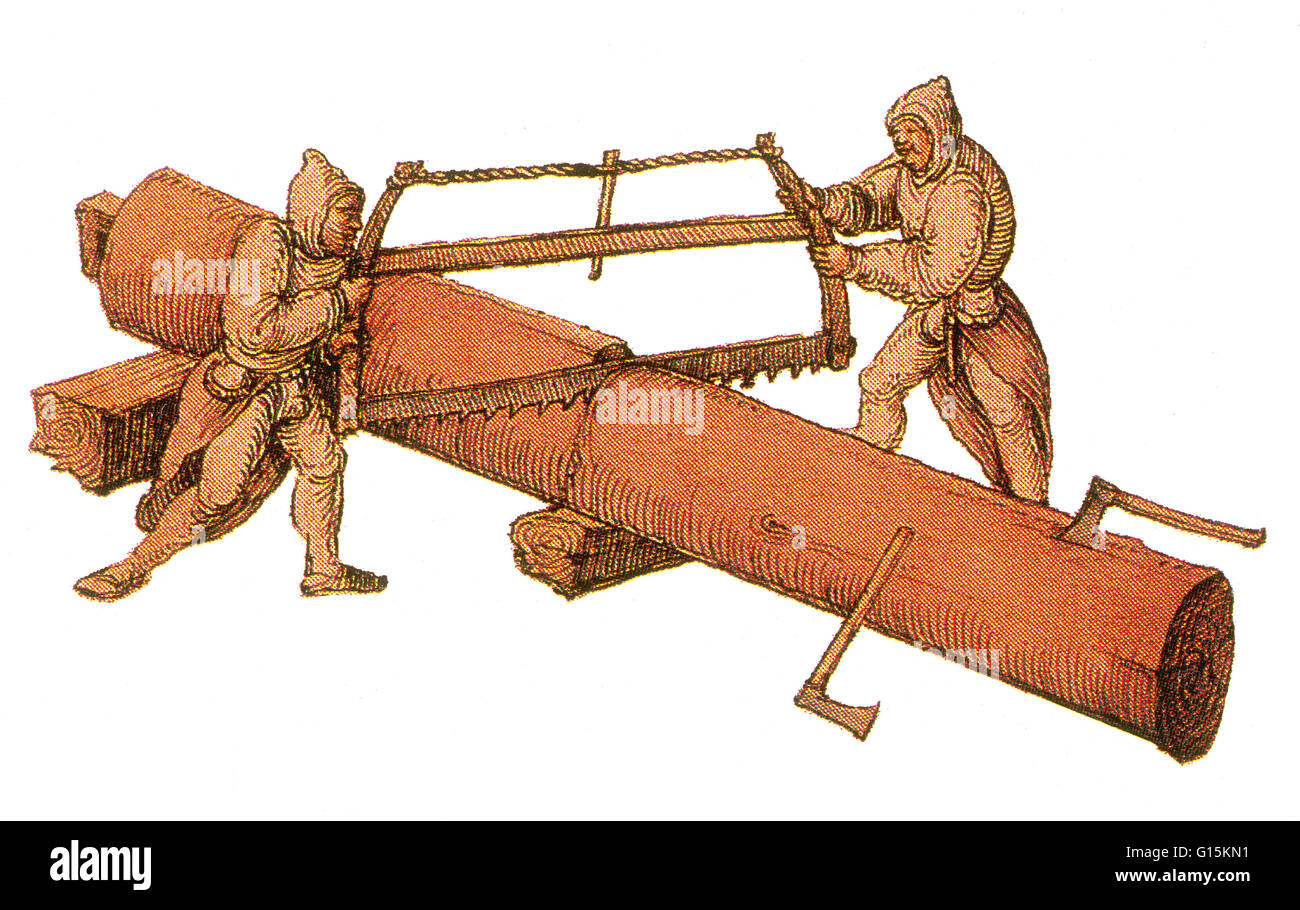 These workmen are cutting a large piece of wood with a two-handed saw. Two-man crosscut saws were primarily important when human power was used. Such a saw would typically be 4 to 12 feet long  (sometimes up to 16 feet) with a handle at each end. The tech Stock Photo