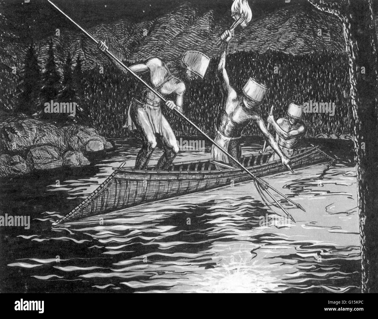 Illustration showing Shuswap (or Secwepemc) men fishing at night, using a torch of pitch-soaked wood to attract spawning fish. One attends to the flame while the other spears the fish, and a third paddles. The hats probably shielded their eyes from the gl Stock Photo