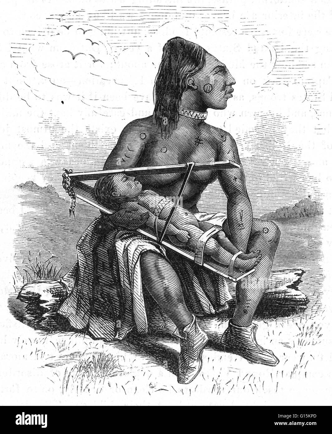 19th century engraving of a Chinook woman and child, showing their method of flattening children's heads, and the look this achieves in adults. The woman also sports traditional body markings. Originally published in Harper's magazine. Stock Photo
