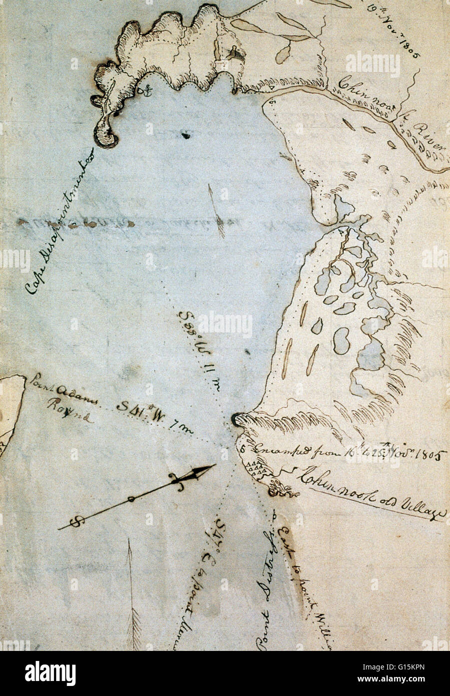 Map of Gray's Bay, in Pacific and Wahkiakum counties, Washington state, made by William Clark (of Lewis & Clark) in November 1805. The bay was originally mistaken for the Pacific ocean, leading to the moniker of 'Cape Disappointment' visible on the upper Stock Photo