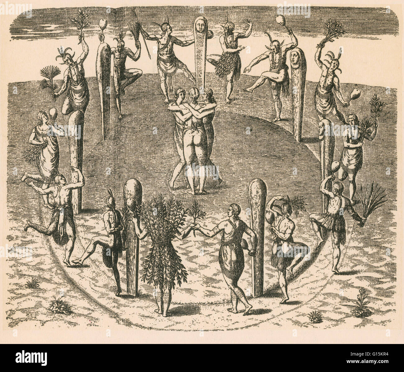 Late 16th-century engraving by Theodor de Bry, after a watercolor by John White in what is now North Carolina, titled 'Their Dances at Their Great Feasts.' The engraving shows men and women dancing around a circle defined by posts with carved faces. Three Stock Photo