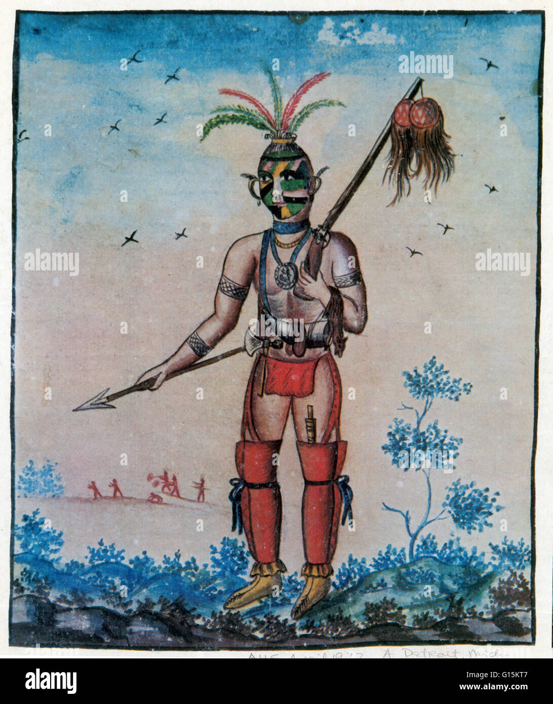 A mid-18th century painting by an unknown French artist of a Native American man with scalps in the area that is now Detroit, Michigan. During the French and Indian War, French colonists offered payments to Native Americans for British scalps. Stock Photo