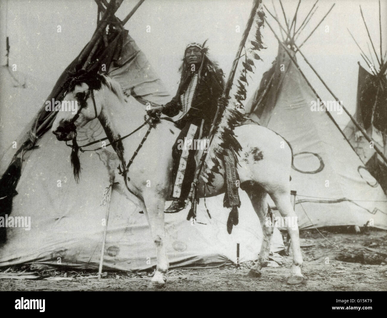 Iron Tail was a Sioux Chief who fought in both the Battle of Little Bighorn and at Wounded Knee. Later he performed with Buffalo Bill's Wild West Show, and was a model for the Indian Head nickel. This photo was probably taken in the first decade of the 20 Stock Photo