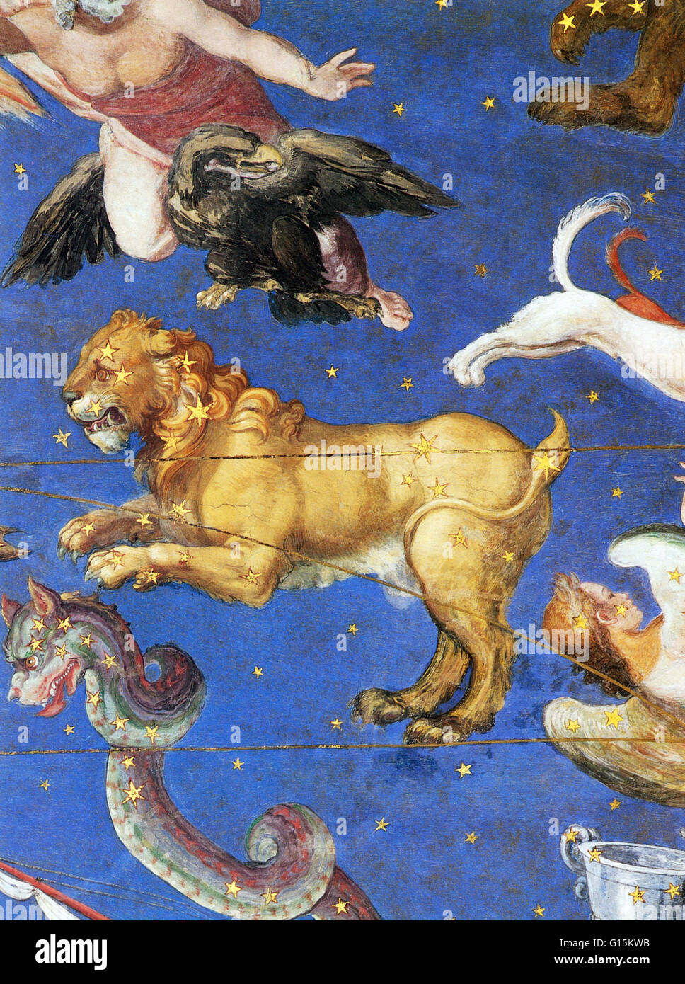 Leo constellation on the ceiling in the Villa Farnese, Caprarola, Italy painted in 1575. Leo is one of the constellations of the zodiac, lying between Cancer to the west and Virgo to the east. Its name is Latin for lion. One of the 48 constellations descr Stock Photo