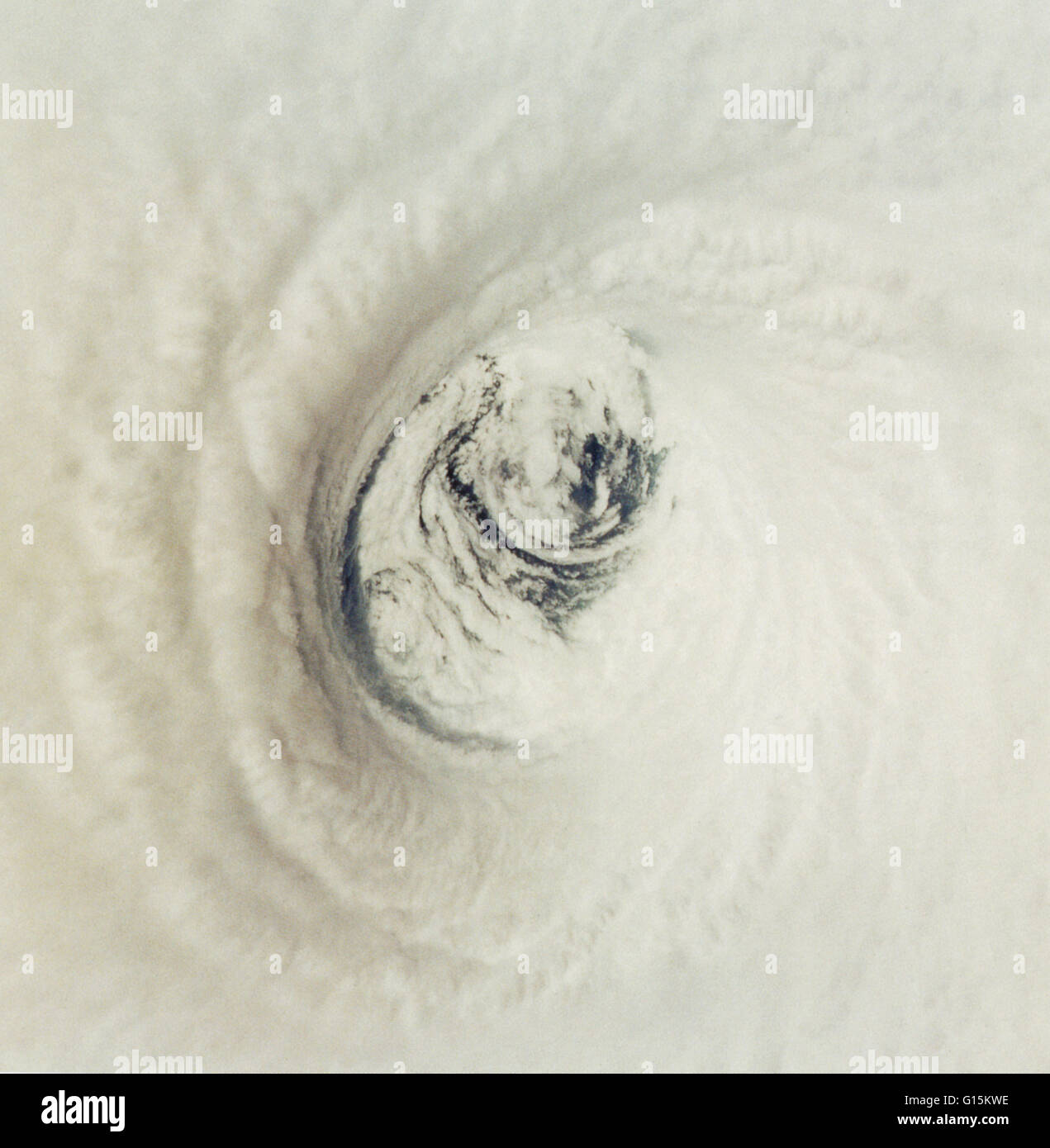 The eye of Hurricane Emilia over the eastern North Pacific, as seen from directly above by the crew of the space shuttle Columbia on July 19th, 1994, at 19:33 UT. At this time, Emilia had maximum winds of 70 m/sec (155 mph). Stock Photo