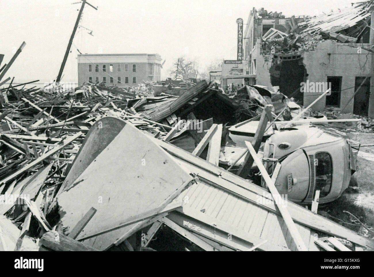 Downtown in Pass Christian, Mississippi, after hurricane Camille. City hall is in the background on the left. Circa 1969. Stock Photo