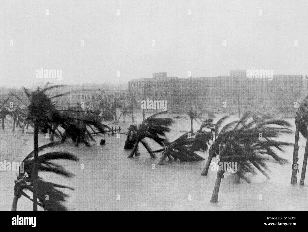 Miami at the height of the 1926 hurricane, known as the Great Miami Hurricane. The storm was a category 4 and caused significant damage in the Florida Panhandle, Alabama, and the Bahamas. Stock Photo