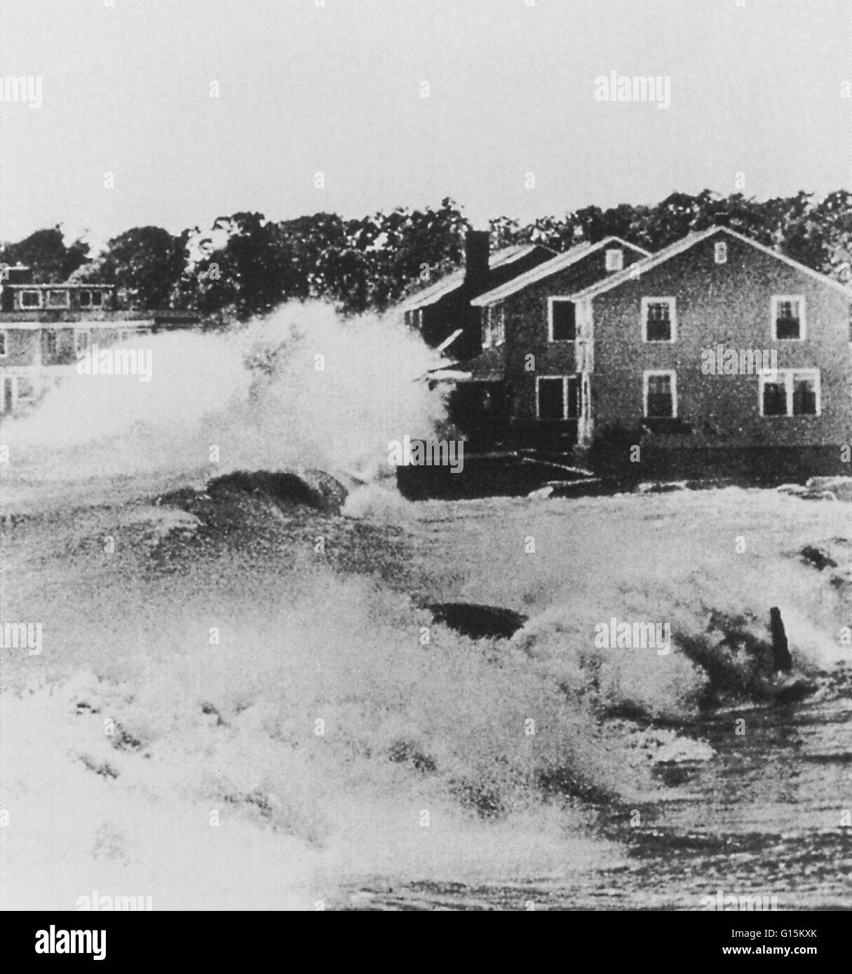 Huge waves batter Old Lyme, Connecticut, during Hurricane Carol. August, 1954. Stock Photo